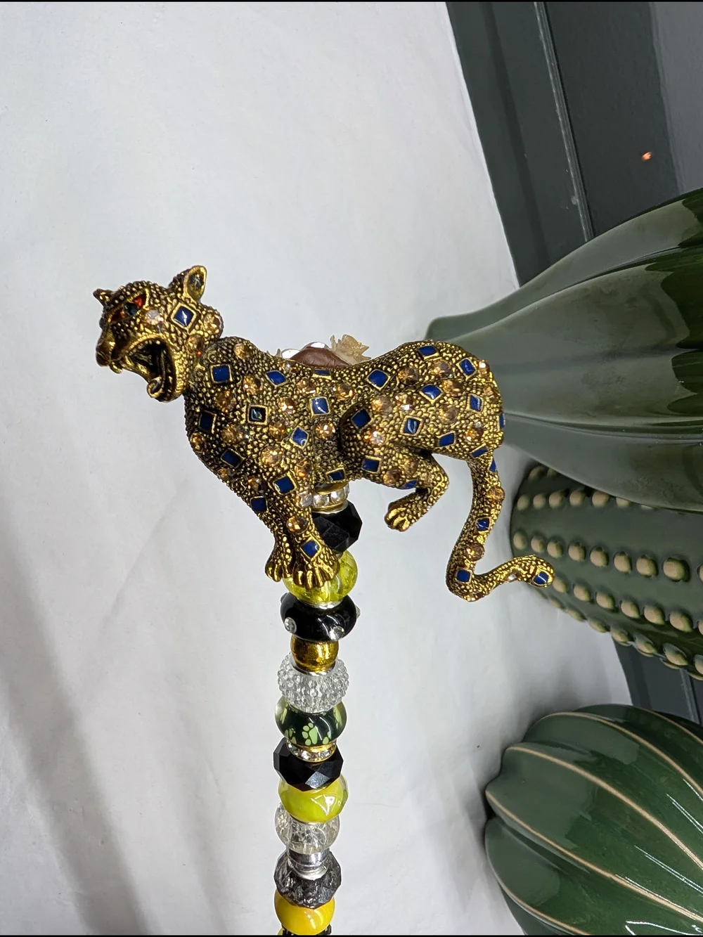 Hand Made Beaded Fairy Wand/Plant/Garden Stake W/Crystal Cheetah/Leopard Topper